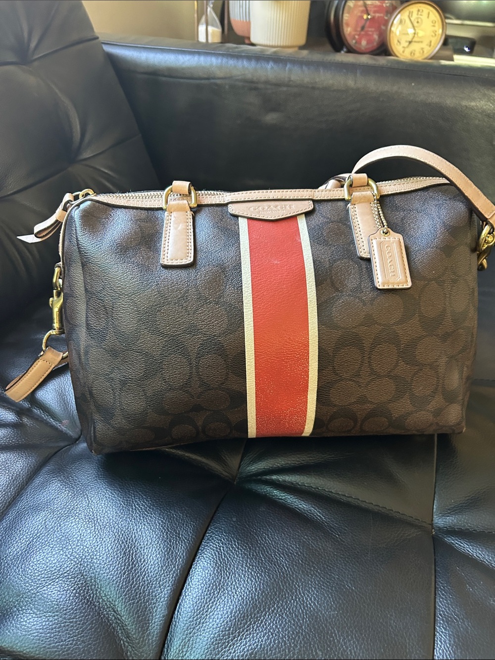 Coach Brown Signature Satchel with Red and Ivory Center Stripe